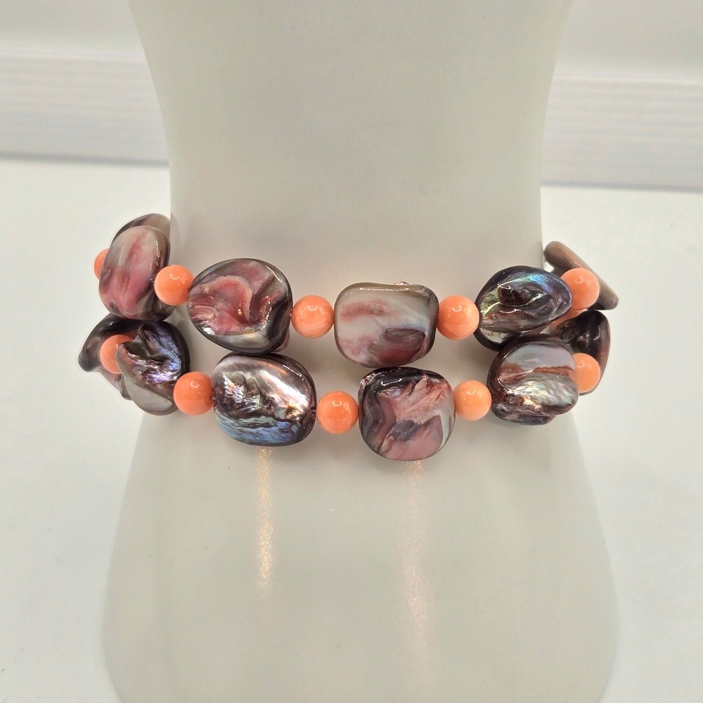 Unmarked Double Strand Bracelet Women 7" Peach Purple Iridescent Shell Toggle